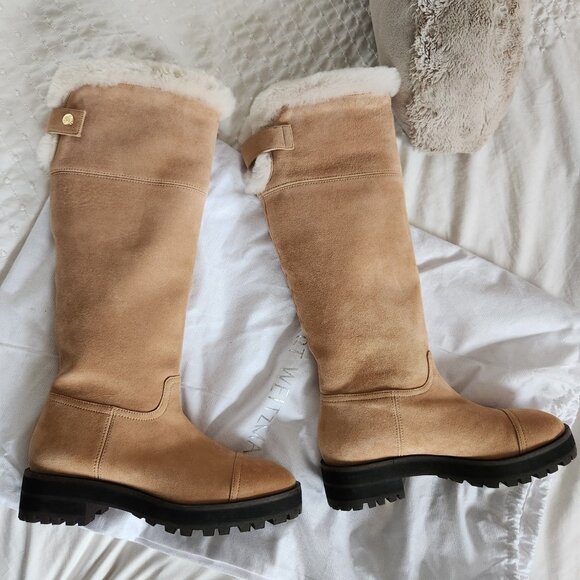 New Stuart Weitzman Alpine Shearling Trim Leather Knee High Leather Boots - Picture 6 of 13